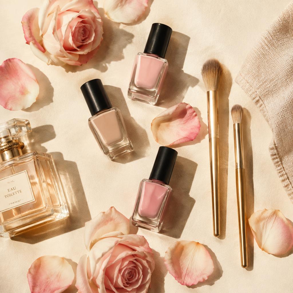 Esmaltes rosados, brochas doradas y pétalos